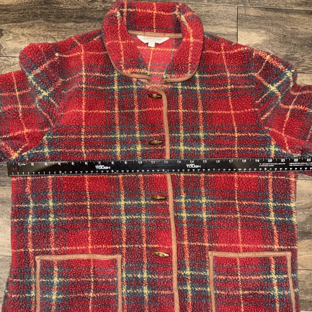 Orvis Deep-Pile Fleece Jacket Red Coat Plaid Women's Size L Toggle Front - Picture 6 of 8
